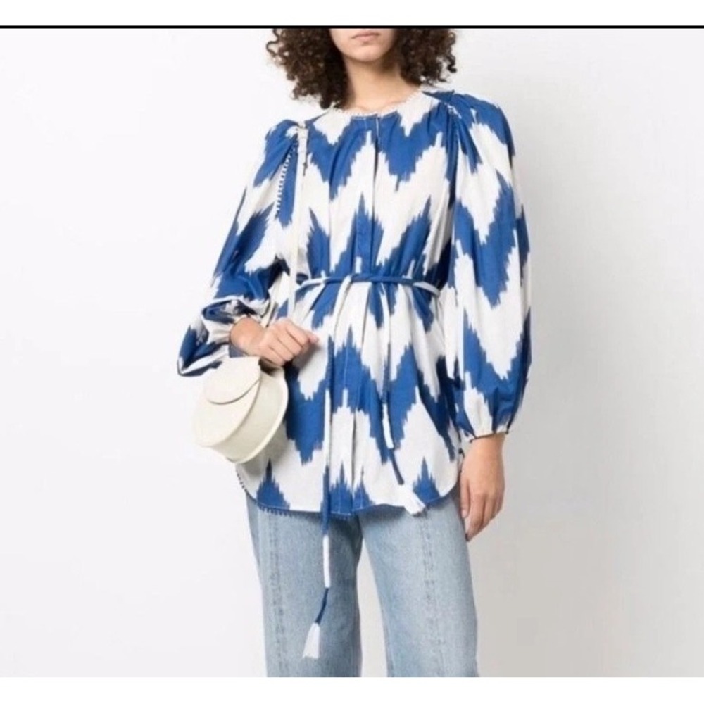 Dorothee Schumacher Women's Medium Blue Zig Zag Balloon Sleeve Button-Up Shirt